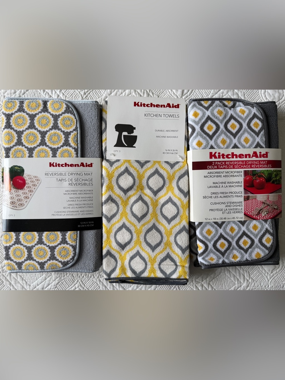KitchenAid Gray and Yellow Reversible Drying Mats 4 pcs & Towels Set of 3